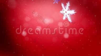 美丽的3d雪花落在红色背景上。 用作圣诞节、新年贺卡或冬季环境的动画